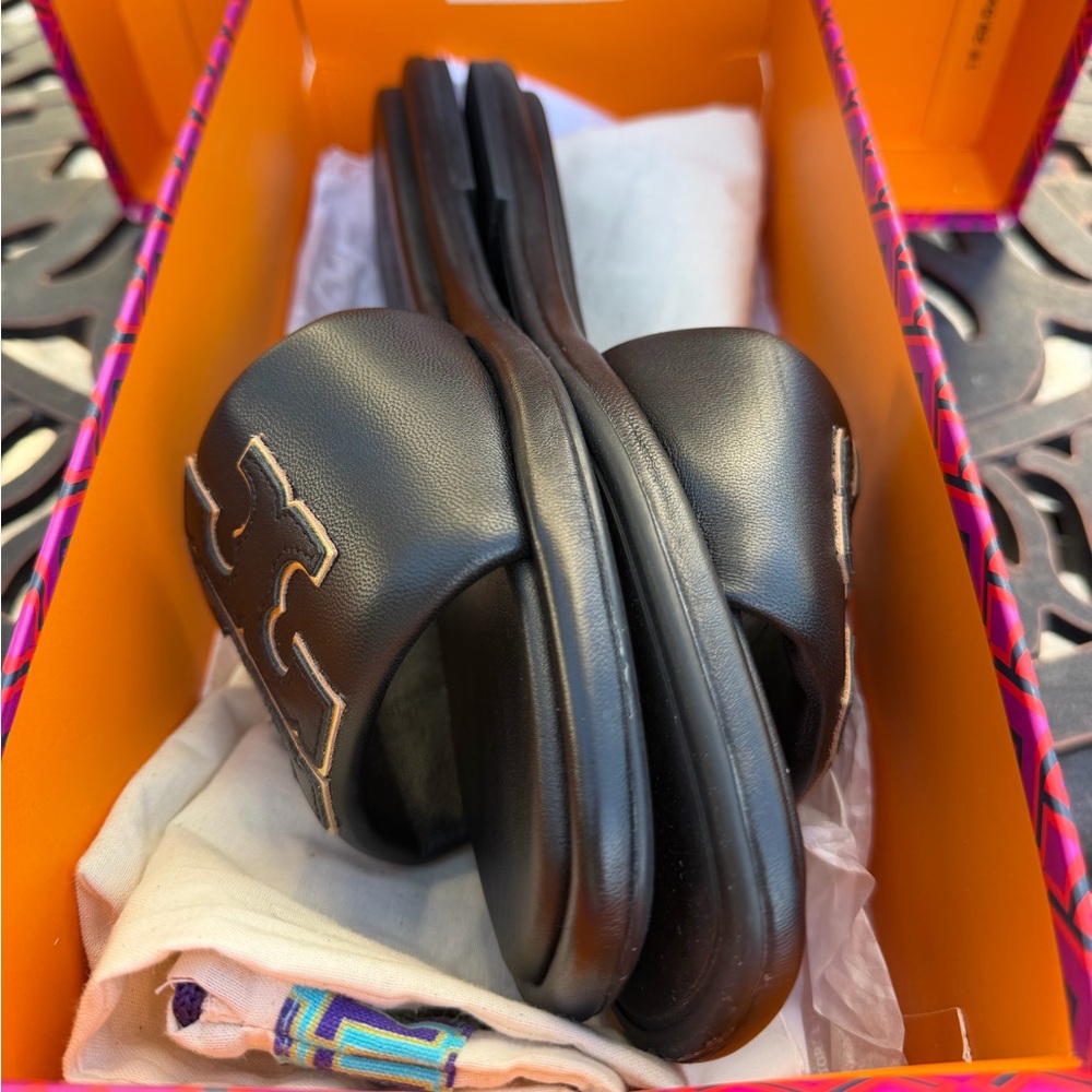 Tory Burch Black Sandals with Gold Emblem - Picture 4 of 6